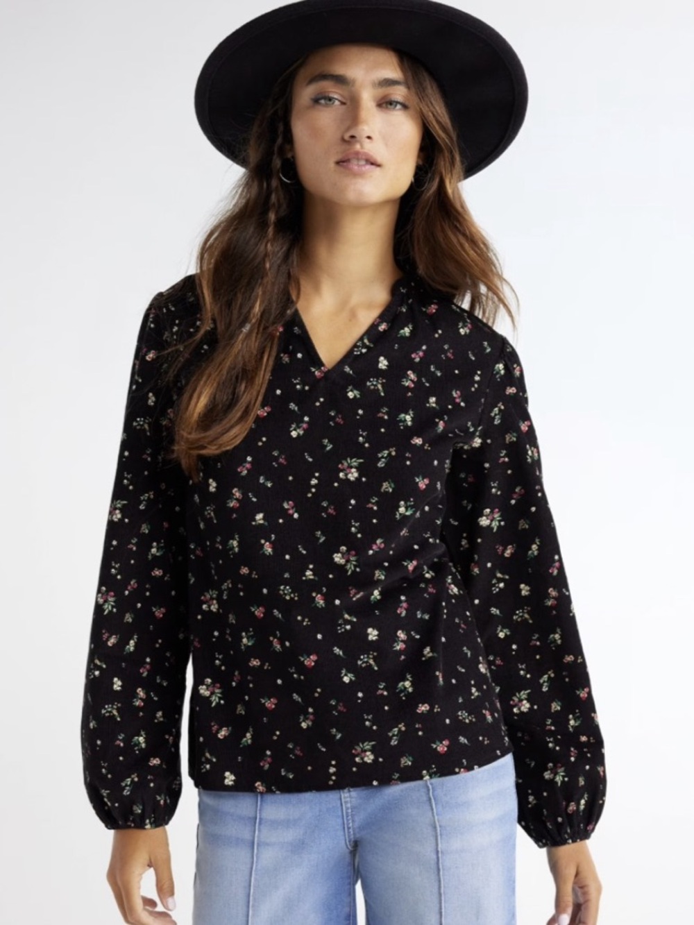 Time and Tru Long Sleeve Boho Micro Corduroy Top Floral Blouse Black & Multicolo